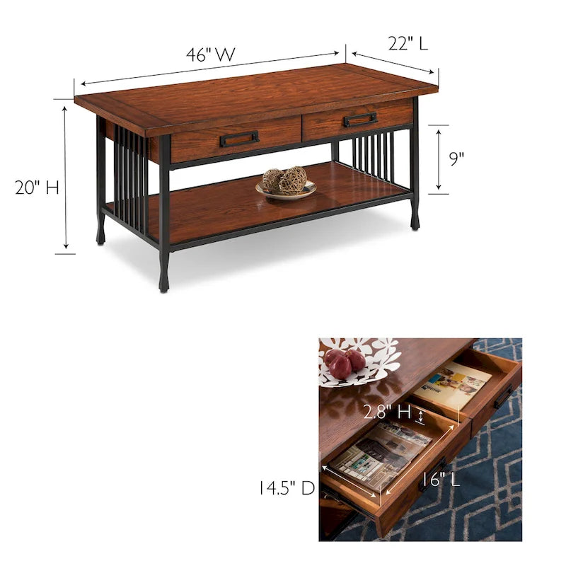 Table basse rectangulaire, lattes style Mission, 2 tiroirs, 1 étagère, bois dur et placage de chêne, marron/noir, pour 1 personne