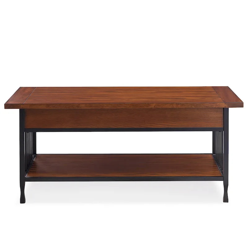 Table basse rectangulaire, lattes style Mission, 2 tiroirs, 1 étagère, bois dur et placage de chêne, marron/noir, pour 1 personne