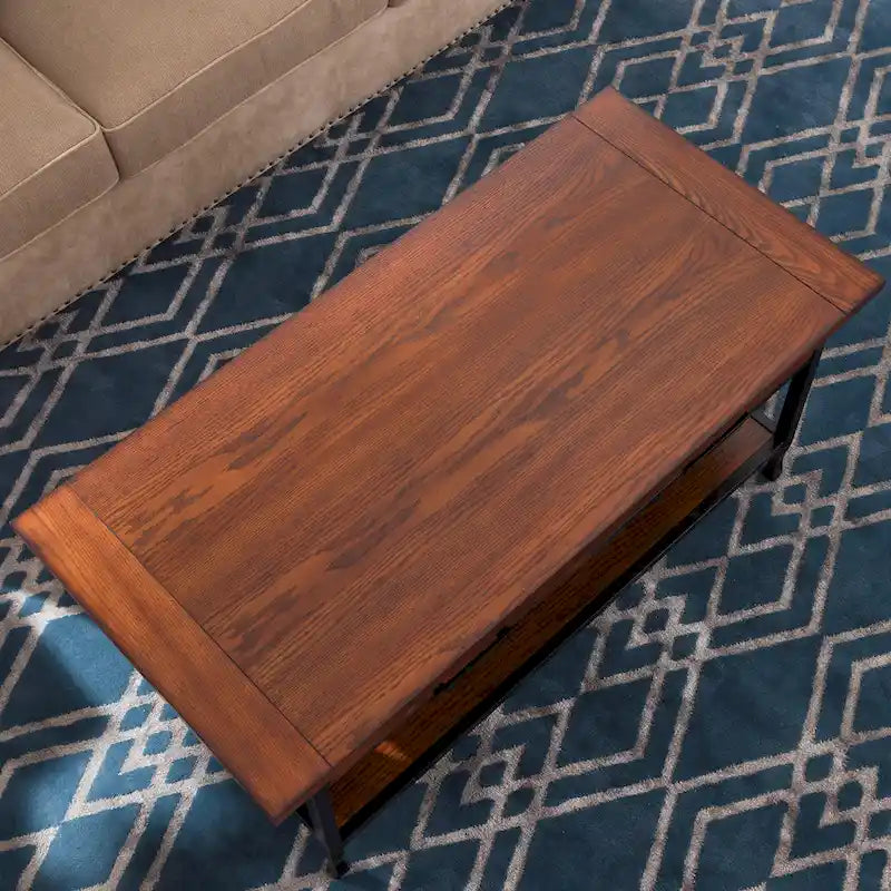 Table basse rectangulaire, lattes style Mission, 2 tiroirs, 1 étagère, bois dur et placage de chêne, marron/noir, pour 1 personne