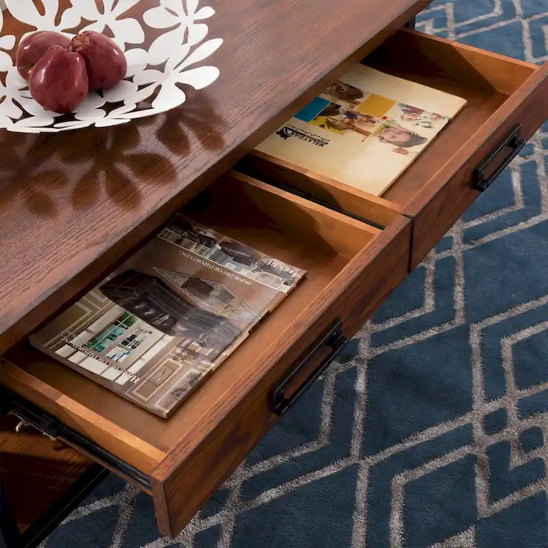 Table basse rectangulaire, lattes style Mission, 2 tiroirs, 1 étagère, bois dur et placage de chêne, marron/noir, pour 1 personne