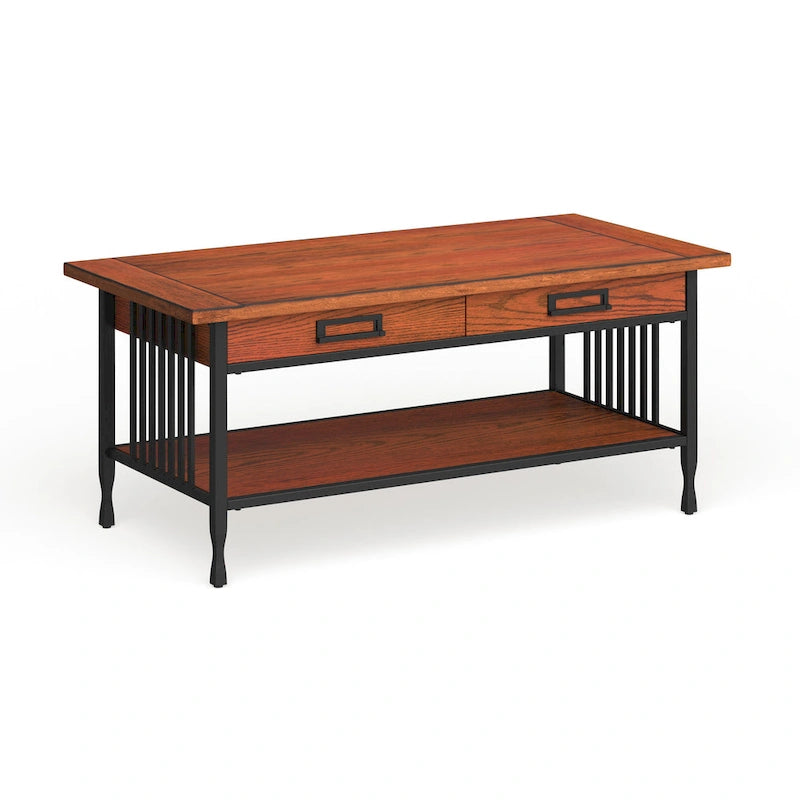 Table basse rectangulaire, lattes style Mission, 2 tiroirs, 1 étagère, bois dur et placage de chêne, marron/noir, pour 1 personne