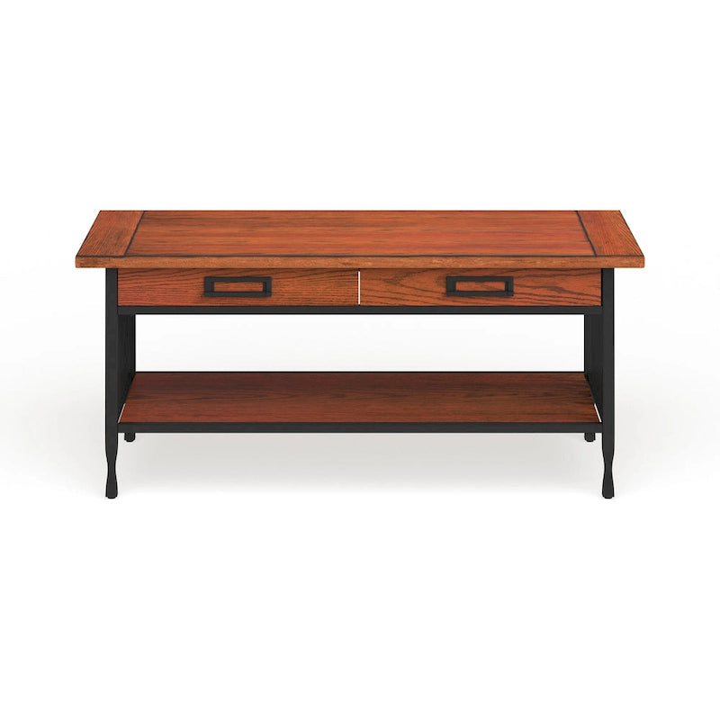 Table basse rectangulaire, lattes style Mission, 2 tiroirs, 1 étagère, bois dur et placage de chêne, marron/noir, pour 1 personne