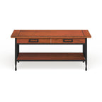 Table basse rectangulaire, lattes style Mission, 2 tiroirs, 1 étagère, bois dur et placage de chêne, marron/noir, pour 1 personne