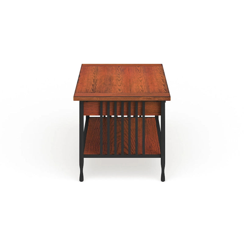 Table basse rectangulaire, lattes style Mission, 2 tiroirs, 1 étagère, bois dur et placage de chêne, marron/noir, pour 1 personne