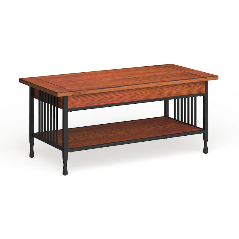 Table basse rectangulaire, lattes style Mission, 2 tiroirs, 1 étagère, bois dur et placage de chêne, marron/noir, pour 1 personne