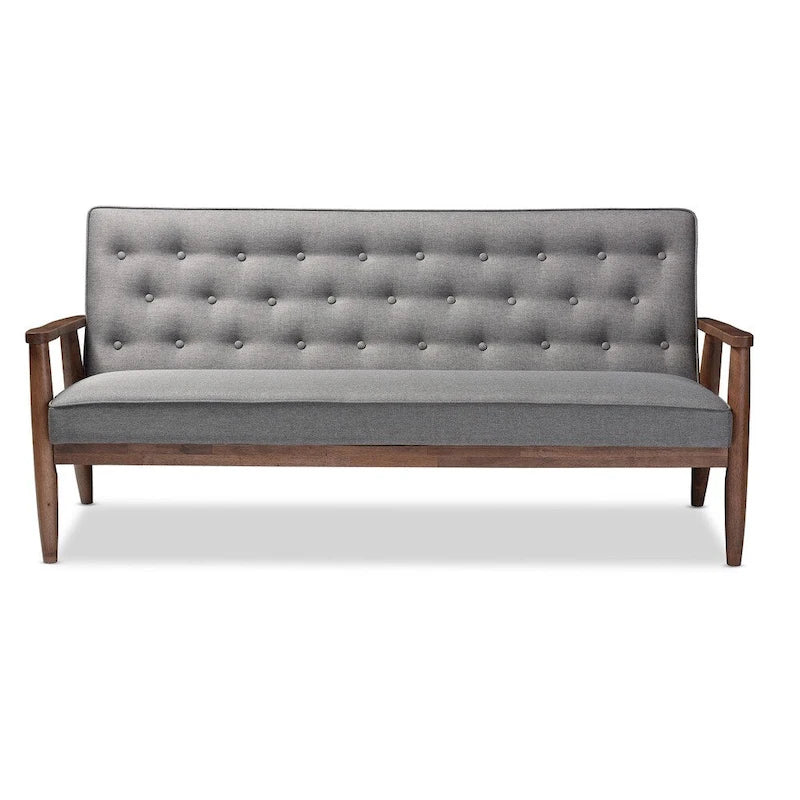 Canapé 3 places, style Mid-Century, capitonné, cadre en bois d'hévéa, tissu polyester, gris, 3 personnes