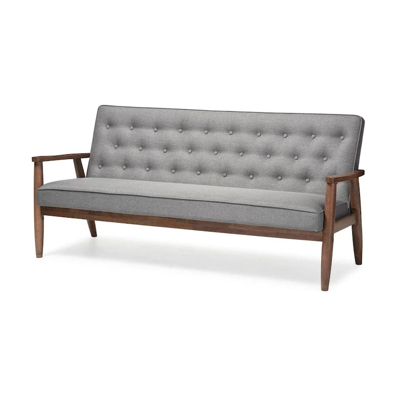 Canapé 3 places, style Mid-Century, capitonné, cadre en bois d'hévéa, tissu polyester, gris, 3 personnes