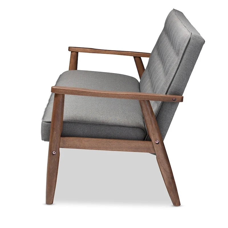 Canapé 3 places, style Mid-Century, capitonné, cadre en bois d'hévéa, tissu polyester, gris, 3 personnes