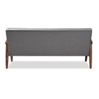 Canapé 3 places, style Mid-Century, capitonné, cadre en bois d'hévéa, tissu polyester, gris, 3 personnes
