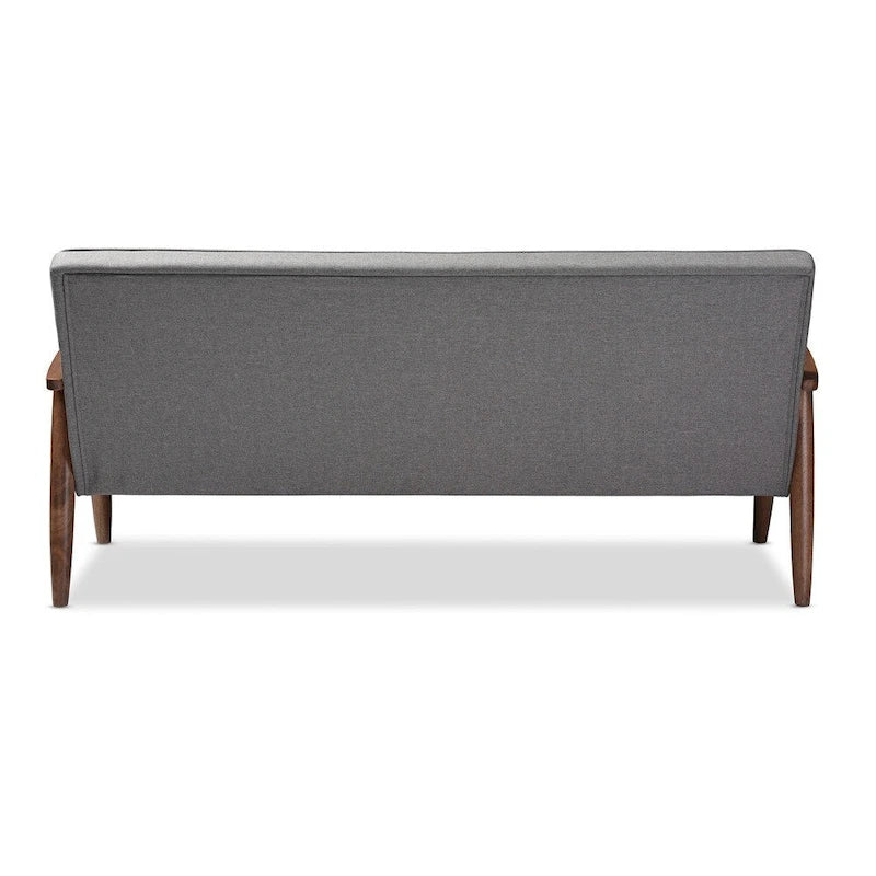 Canapé 3 places, style Mid-Century, capitonné, cadre en bois d'hévéa, tissu polyester, gris, 3 personnes