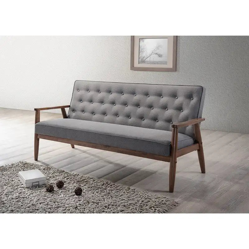 Canapé 3 places, style Mid-Century, capitonné, cadre en bois d'hévéa, tissu polyester, gris, 3 personnes