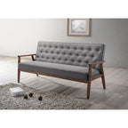 Canapé 3 places, style Mid-Century, capitonné, cadre en bois d'hévéa, tissu polyester, gris, 3 personnes