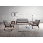 Canapé 3 places, style Mid-Century, capitonné, cadre en bois d'hévéa, tissu polyester, gris, 3 personnes