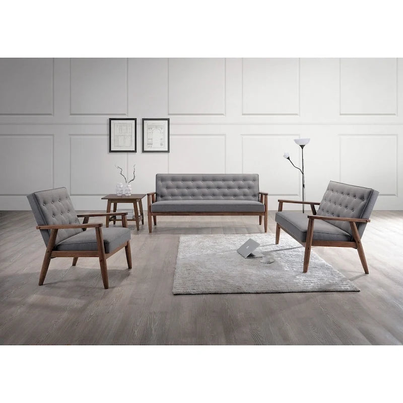 Canapé 3 places, style Mid-Century, capitonné, cadre en bois d'hévéa, tissu polyester, gris, 3 personnes