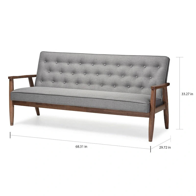 Canapé 3 places, style Mid-Century, capitonné, cadre en bois d'hévéa, tissu polyester, gris, 3 personnes