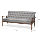 Canapé 3 places, style Mid-Century, capitonné, cadre en bois d'hévéa, tissu polyester, gris, 3 personnes