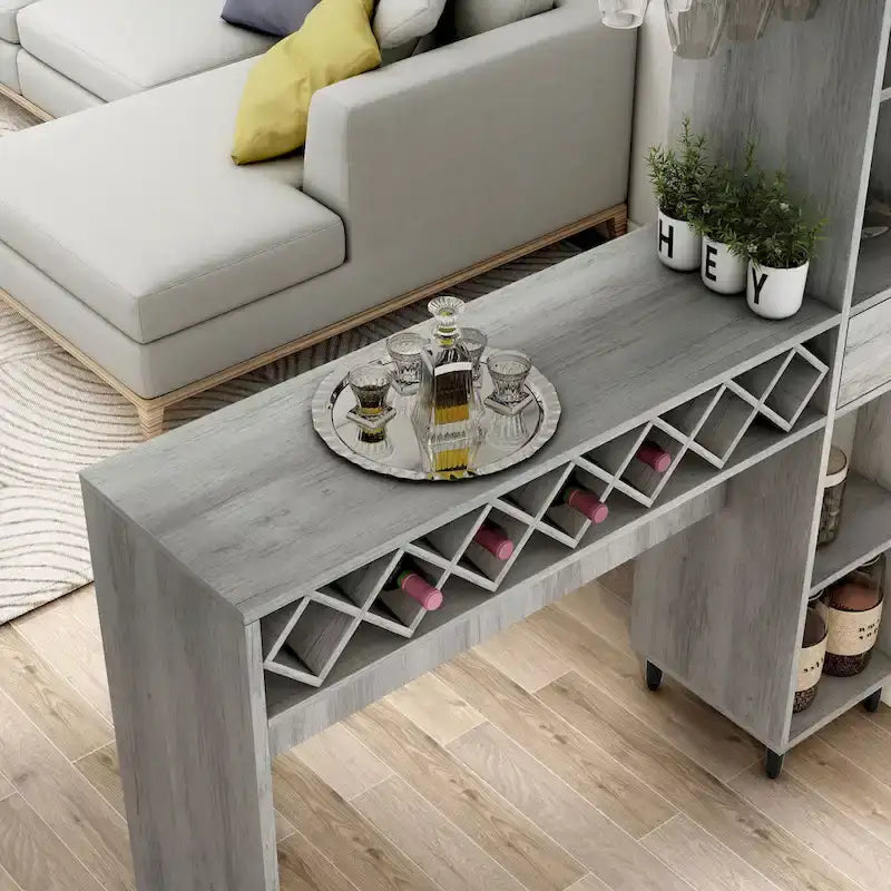 Table de bar, 6 étagères ouvertes, casier à vin 7 bouteilles, 2 porte-verres, 1 tiroir, accès double face, panneaux de particules, chêne gris vintage, pour 2 personnes