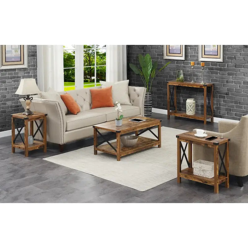 Table d'appoint, 2 ports de charge USB, étagère inférieure, panneaux de particules et cadre en métal, bois de grange / chêne anglais avec noir, pour 1 personne