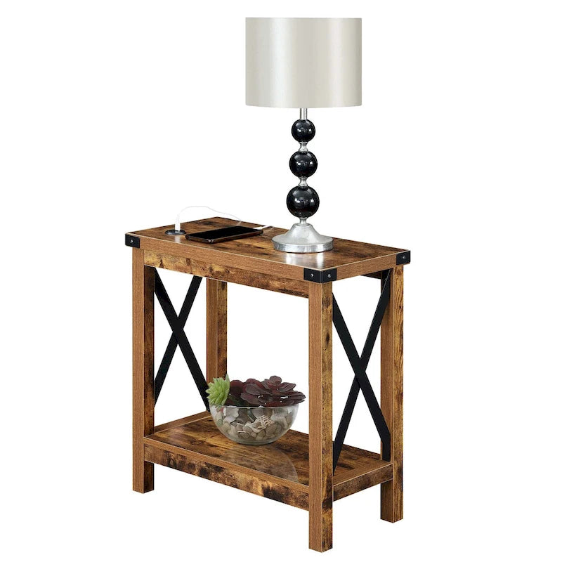 Table d'appoint, 2 ports de charge USB, étagère inférieure, panneaux de particules et cadre en métal, bois de grange / chêne anglais avec noir, pour 1 personne