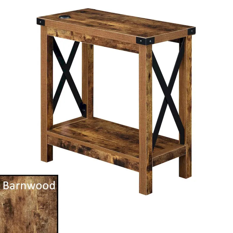 Table d'appoint, 2 ports de charge USB, étagère inférieure, panneaux de particules et cadre en métal, bois de grange / chêne anglais avec noir, pour 1 personne