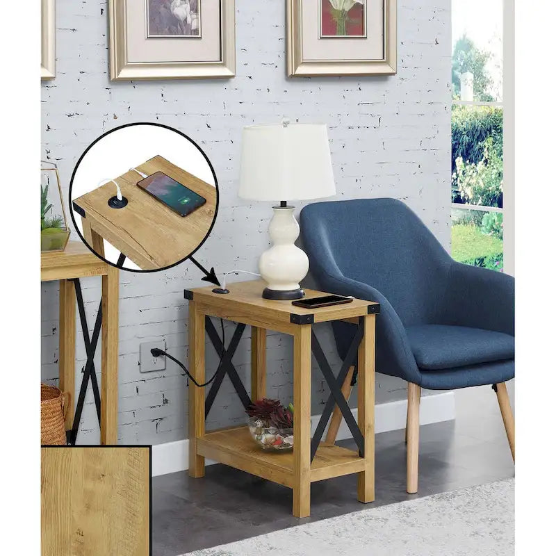 Table d'appoint, 2 ports de charge USB, étagère inférieure, panneaux de particules et cadre en métal, bois de grange / chêne anglais avec noir, pour 1 personne