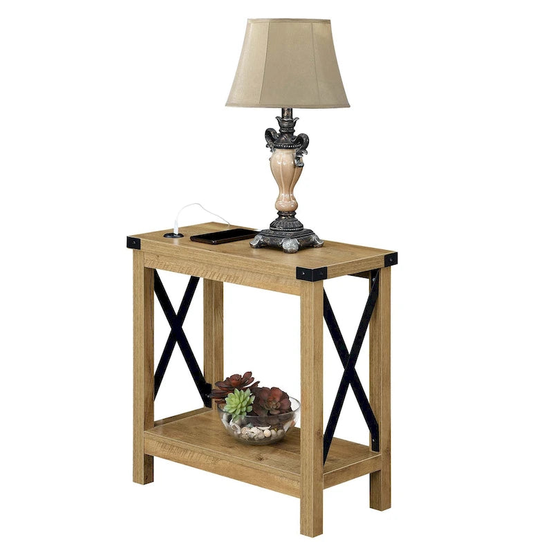 Table d'appoint, 2 ports de charge USB, étagère inférieure, panneaux de particules et cadre en métal, bois de grange / chêne anglais avec noir, pour 1 personne