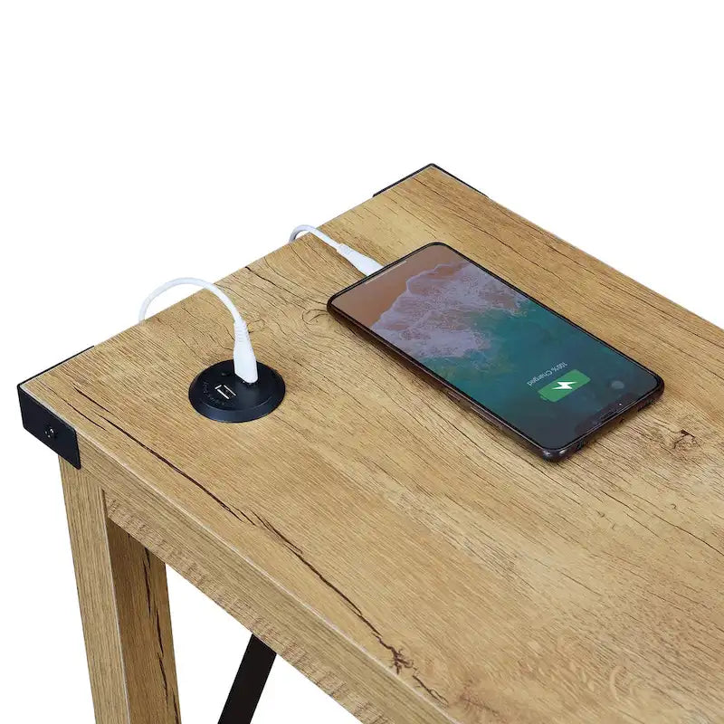 Table d'appoint, 2 ports de charge USB, étagère inférieure, panneaux de particules et cadre en métal, bois de grange / chêne anglais avec noir, pour 1 personne