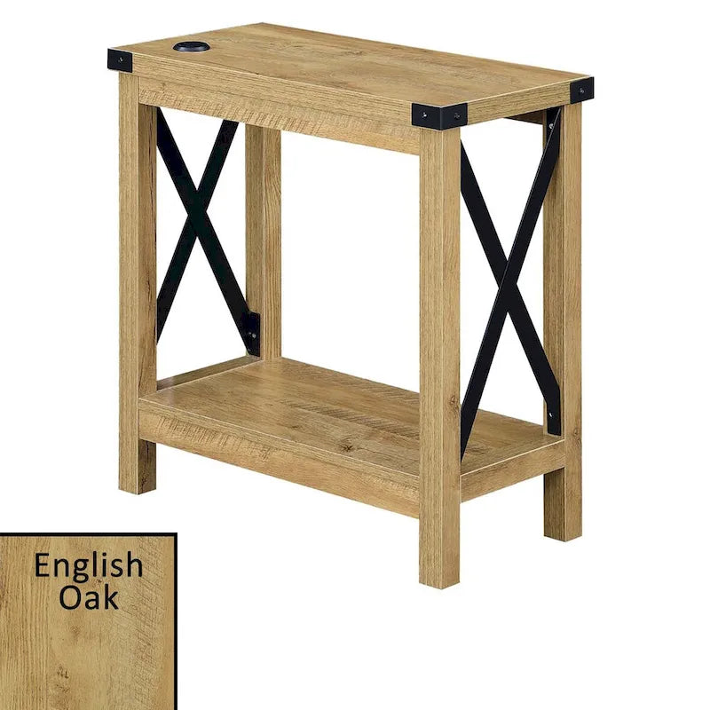 Table d'appoint, 2 ports de charge USB, étagère inférieure, panneaux de particules et cadre en métal, bois de grange / chêne anglais avec noir, pour 1 personne