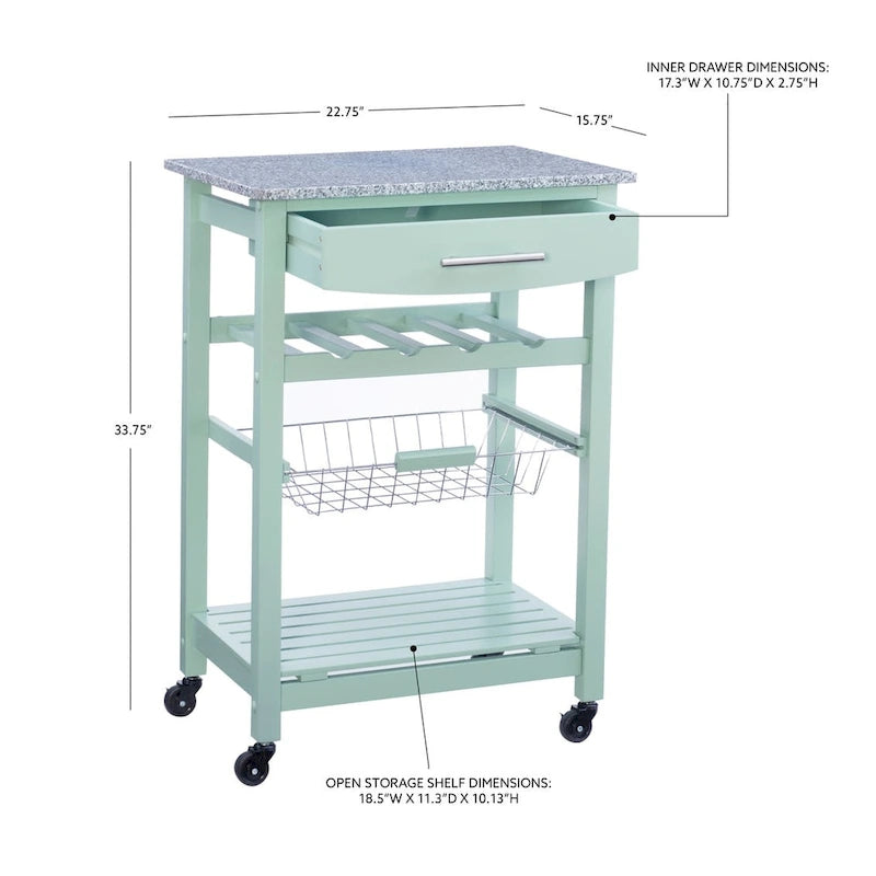 Desserte de cuisine roulante compacte, dessus en granit ou en acier inoxydable, 1 tiroir, casier à vin 4 bouteilles, panier en fil, étagère inférieure, roulettes verrouillables, pin, vert / blanc / gris / naturel / wengé / bleu / rouge, usage individuel