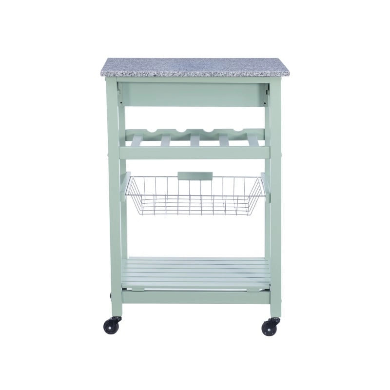Desserte de cuisine roulante compacte, dessus en granit ou en acier inoxydable, 1 tiroir, casier à vin 4 bouteilles, panier en fil, étagère inférieure, roulettes verrouillables, pin, vert / blanc / gris / naturel / wengé / bleu / rouge, usage individuel