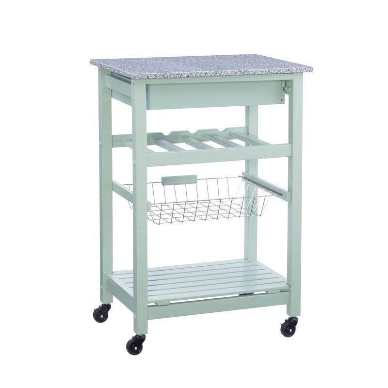 Desserte de cuisine roulante compacte, dessus en granit ou en acier inoxydable, 1 tiroir, casier à vin 4 bouteilles, panier en fil, étagère inférieure, roulettes verrouillables, pin, vert / blanc / gris / naturel / wengé / bleu / rouge, usage individuel