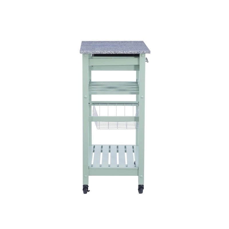 Desserte de cuisine roulante compacte, dessus en granit ou en acier inoxydable, 1 tiroir, casier à vin 4 bouteilles, panier en fil, étagère inférieure, roulettes verrouillables, pin, vert / blanc / gris / naturel / wengé / bleu / rouge, usage individuel