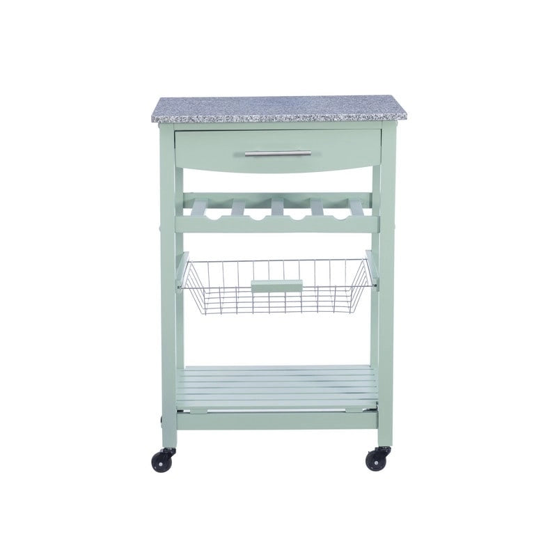 Desserte de cuisine roulante compacte, dessus en granit ou en acier inoxydable, 1 tiroir, casier à vin 4 bouteilles, panier en fil, étagère inférieure, roulettes verrouillables, pin, vert / blanc / gris / naturel / wengé / bleu / rouge, usage individuel