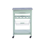 Desserte de cuisine roulante compacte, dessus en granit ou en acier inoxydable, 1 tiroir, casier à vin 4 bouteilles, panier en fil, étagère inférieure, roulettes verrouillables, pin, vert / blanc / gris / naturel / wengé / bleu / rouge, usage individuel