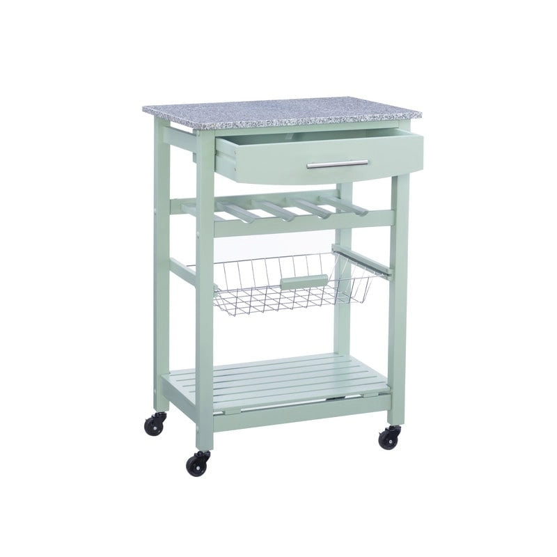 Desserte de cuisine roulante compacte, dessus en granit ou en acier inoxydable, 1 tiroir, casier à vin 4 bouteilles, panier en fil, étagère inférieure, roulettes verrouillables, pin, vert / blanc / gris / naturel / wengé / bleu / rouge, usage individuel
