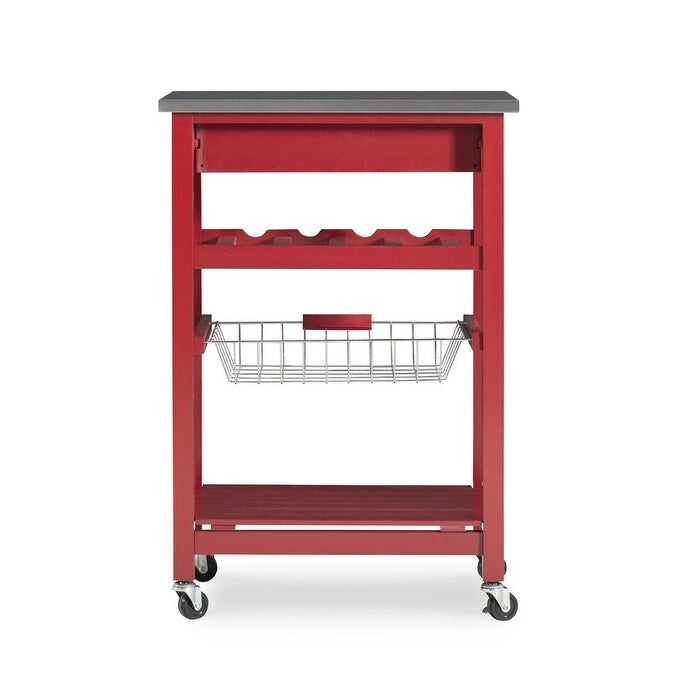 Desserte de cuisine roulante compacte, dessus en granit ou en acier inoxydable, 1 tiroir, casier à vin 4 bouteilles, panier en fil, étagère inférieure, roulettes verrouillables, pin, vert / blanc / gris / naturel / wengé / bleu / rouge, usage individuel