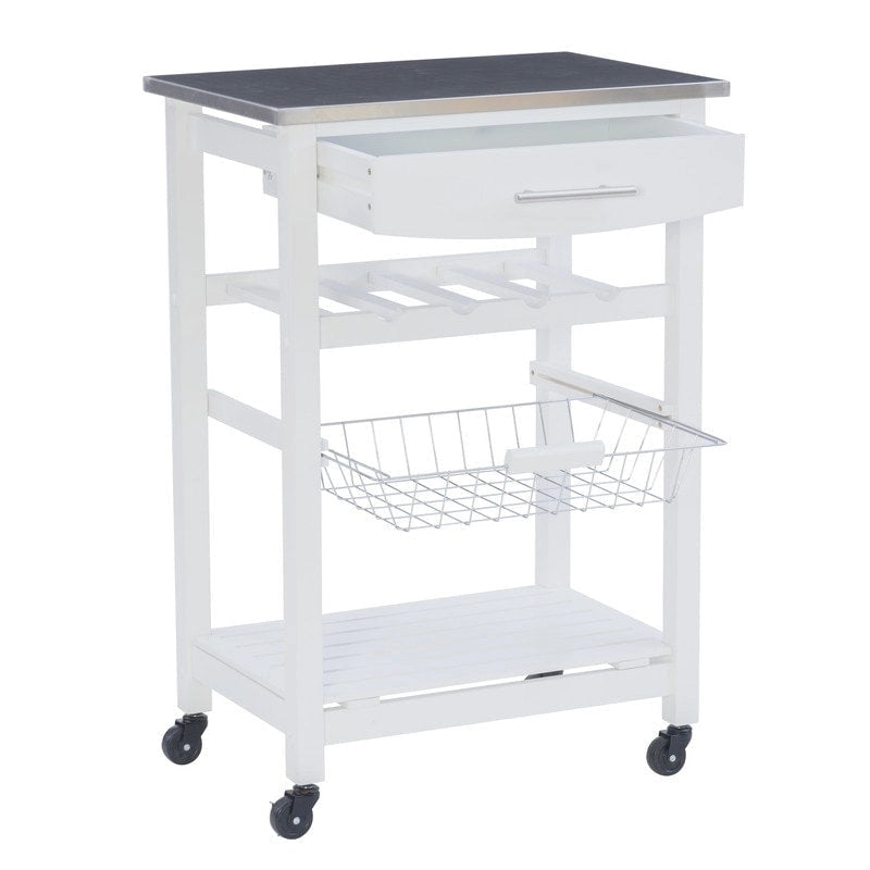 Desserte de cuisine roulante compacte, dessus en granit ou en acier inoxydable, 1 tiroir, casier à vin 4 bouteilles, panier en fil, étagère inférieure, roulettes verrouillables, pin, vert / blanc / gris / naturel / wengé / bleu / rouge, usage individuel