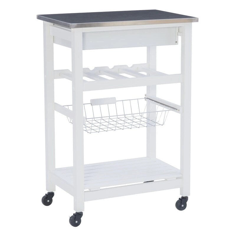 Desserte de cuisine roulante compacte, dessus en granit ou en acier inoxydable, 1 tiroir, casier à vin 4 bouteilles, panier en fil, étagère inférieure, roulettes verrouillables, pin, vert / blanc / gris / naturel / wengé / bleu / rouge, usage individuel
