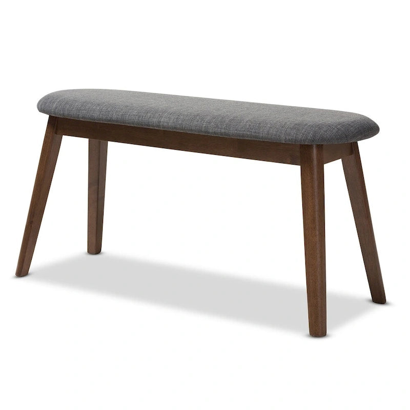 Banc de salle à manger rembourré du milieu du siècle, tissu polyester, rembourrage en mousse, pieds en hévéa finition noyer, anthracite / gris, pour 2 personnes