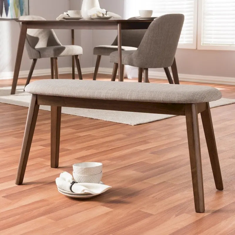 Banc de salle à manger rembourré du milieu du siècle, tissu polyester, rembourrage en mousse, pieds en hévéa finition noyer, anthracite / gris, pour 2 personnes
