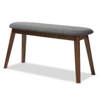 Banc de salle à manger rembourré du milieu du siècle, tissu polyester, rembourrage en mousse, pieds en hévéa finition noyer, anthracite / gris, pour 2 personnes