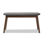 Banc de salle à manger rembourré du milieu du siècle, tissu polyester, rembourrage en mousse, pieds en hévéa finition noyer, anthracite / gris, pour 2 personnes