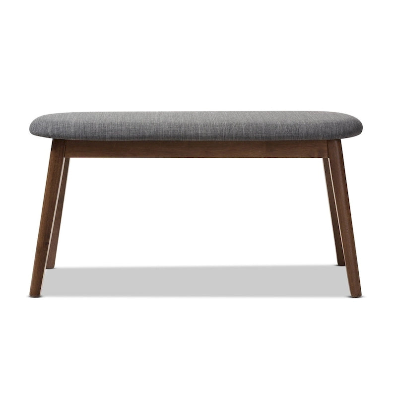 Banc de salle à manger rembourré du milieu du siècle, tissu polyester, rembourrage en mousse, pieds en hévéa finition noyer, anthracite / gris, pour 2 personnes