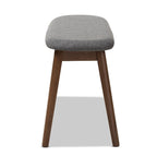 Banc de salle à manger rembourré du milieu du siècle, tissu polyester, rembourrage en mousse, pieds en hévéa finition noyer, anthracite / gris, pour 2 personnes