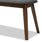 Banc de salle à manger rembourré du milieu du siècle, tissu polyester, rembourrage en mousse, pieds en hévéa finition noyer, anthracite / gris, pour 2 personnes