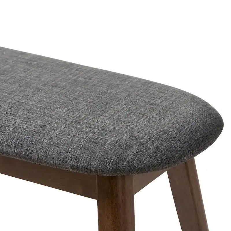 Banc de salle à manger rembourré du milieu du siècle, tissu polyester, rembourrage en mousse, pieds en hévéa finition noyer, anthracite / gris, pour 2 personnes