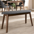 Banc de salle à manger rembourré du milieu du siècle, tissu polyester, rembourrage en mousse, pieds en hévéa finition noyer, anthracite / gris, pour 2 personnes