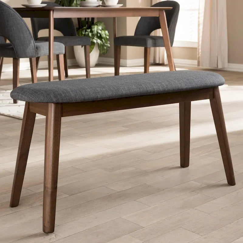 Banc de salle à manger rembourré du milieu du siècle, tissu polyester, rembourrage en mousse, pieds en hévéa finition noyer, anthracite / gris, pour 2 personnes