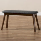 Banc de salle à manger rembourré du milieu du siècle, tissu polyester, rembourrage en mousse, pieds en hévéa finition noyer, anthracite / gris, pour 2 personnes