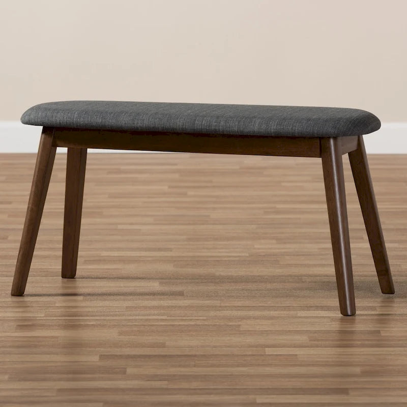 Banc de salle à manger rembourré du milieu du siècle, tissu polyester, rembourrage en mousse, pieds en hévéa finition noyer, anthracite / gris, pour 2 personnes